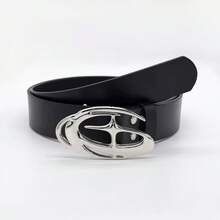 1pc Y2K Futuristic Hollow Oval Buckle Belt, Retro Punk Silver Metal Buckle Waist Belt - Coffee Brown - View 1