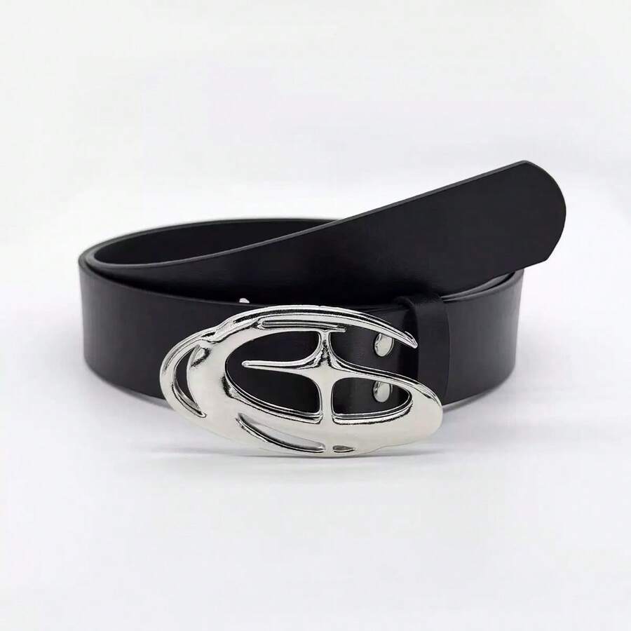 1pc Y2K Futuristic Hollow Oval Buckle Belt, Retro Punk Silver Metal Buckle Waist Belt - Coffee Brown - View 1