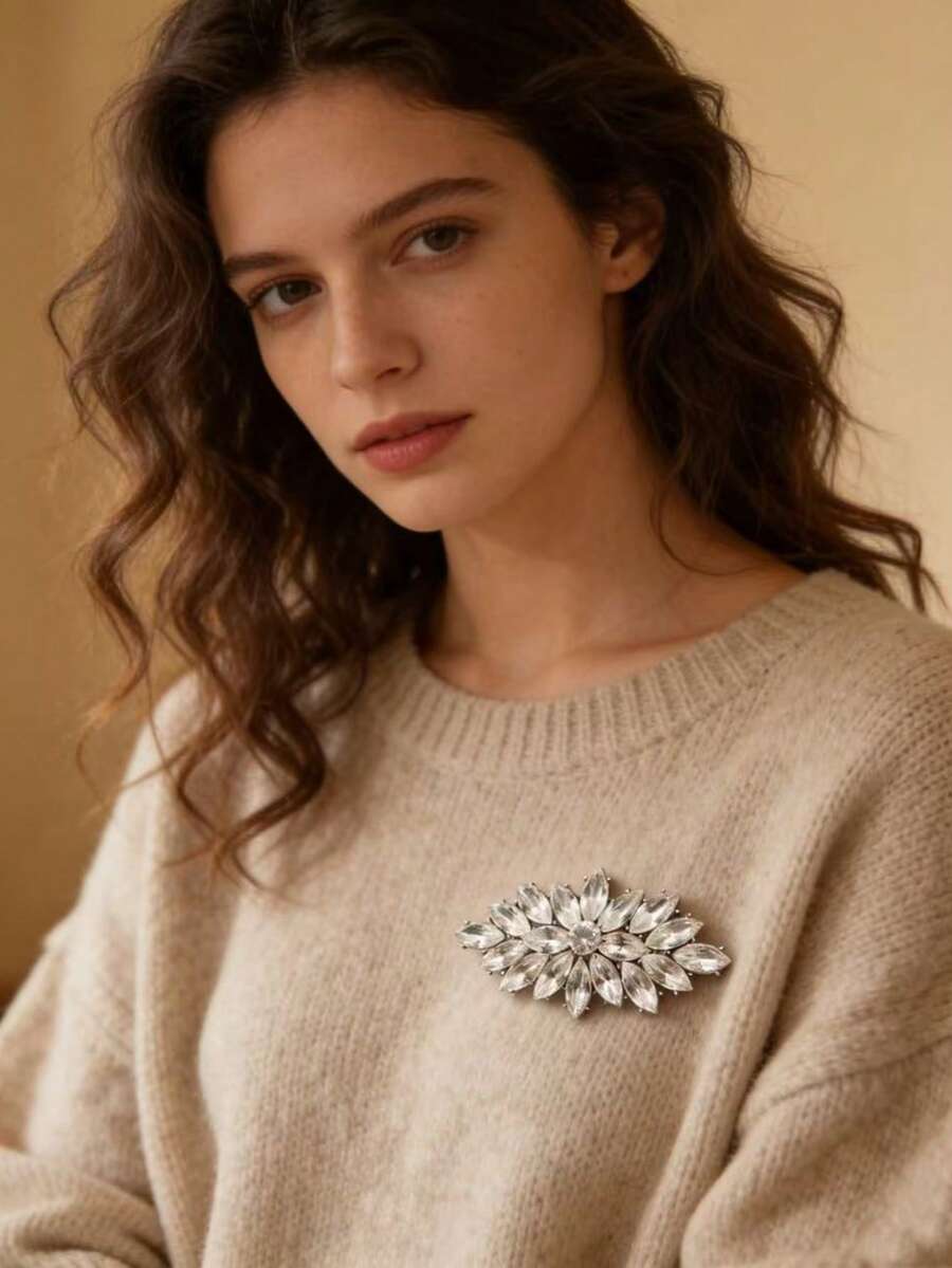 1 chiếc ghim cài áo bằng pha lê thủy tinh nhiều lớp mạ K màu trắng, ghim cài áo hình hoa dài chất lượng cao, phụ kiện cài ngực hình hoa dành cho nữ mùa thu/đông. - trắng - Xem 1