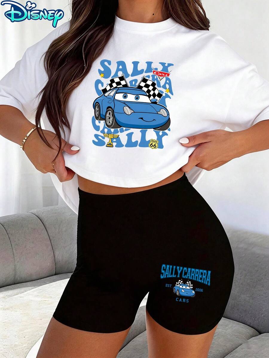 Disney Two-Piece Set, T-Shirt + Shorts Outfit, Retro Sally Carrera Racing Graphic Print Casual Set, Comfortable Short Sleeve T-Shirt And Shorts Ensemble, Perfect For Outdoor Activities - White - View 1