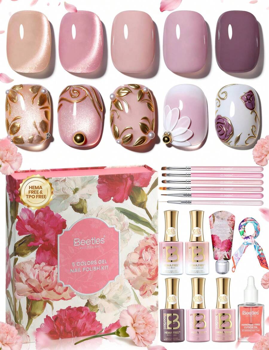 Beetles Mother's Day 5 Colors Refined Everyday Pink Purple Nude Cat Eye Gel Nail Polish Set, HEMA Free & TPO Free Soak Off UV LED Manicure Premium Gift For Mom & Women - Mother's Day Nail Gel Gifts Set - 查看 1