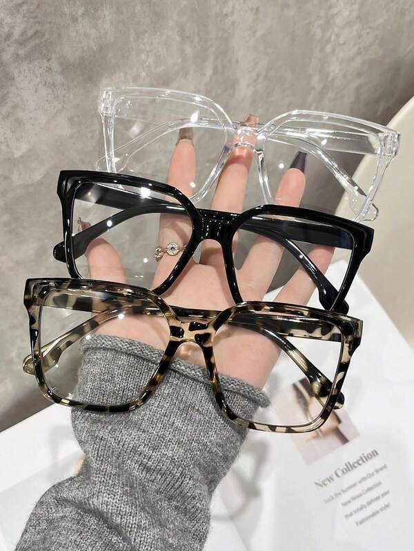 3pcs Women's Leopard Print Bohemian Style TR Material Square Oversized Transparent Glasses, Suitable For All Seasons
