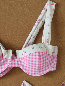 New Arrival Spring/Summer Women Elegant Casual Sexy Pink & White Patchwork Floral Plaid Bikini Set Set With Cover-Up & Skirt, Suitable For Beach, Vacation, Party, Date - Multicolor - View 5