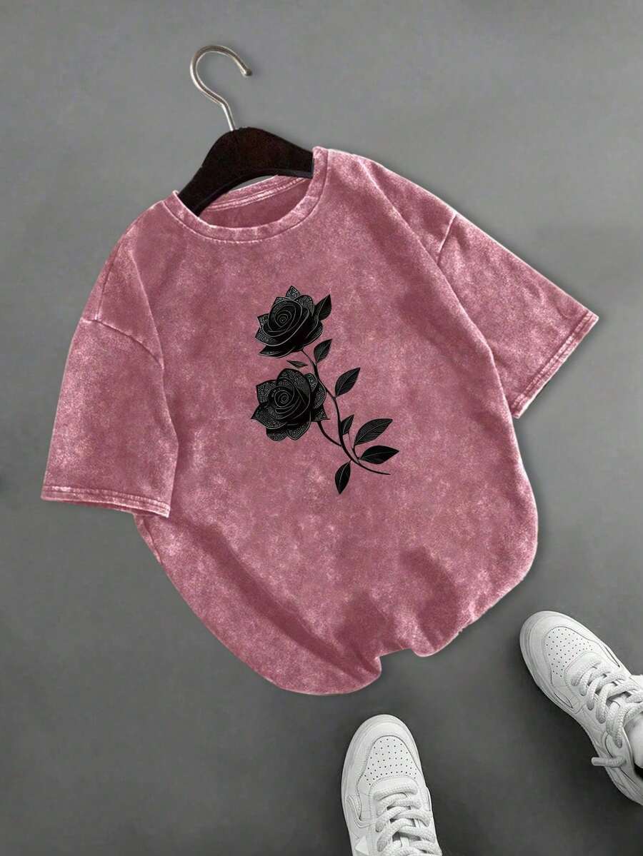 Women's Floral Print Casual Short Sleeve Round Neck T-Shirt, Summer Top, Suitable For Daily Outings, Gift For Women - Hot Pink - View 1