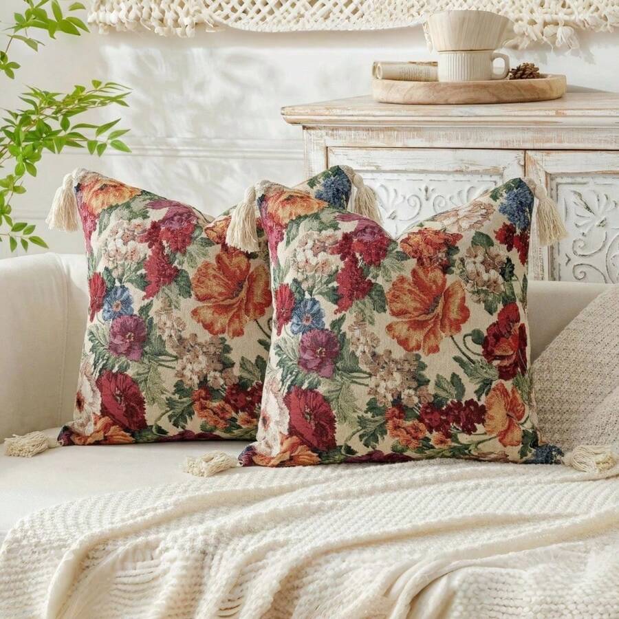 1 chiếc vỏ gối trang trí kiểu Baroque Jacquard có tua rua, gối trang trí đám cưới, vỏ gối tựa lưng có tua rua, thích hợp cho phòng ngủ, phòng khách, ghế sofa, gối tựa đầu giường, vỏ gối mềm mại họa tiết hoa mùa xuân hè kiểu nông trại, màu đỏ, trang trí đám cưới.