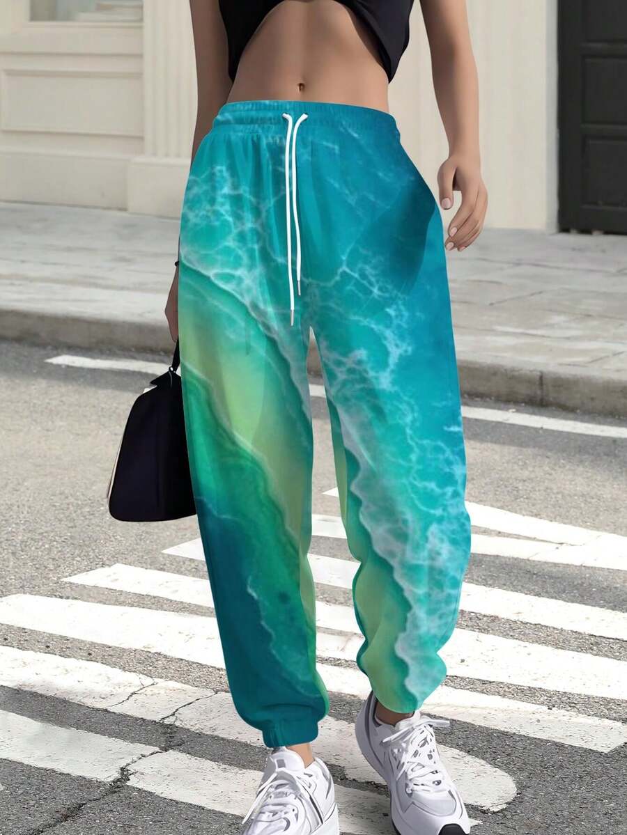 Women's Ocean Wave Pattern Joggers For Men And Women | Turquoise Blue Teal Green Coastal Graphic Sweats For Summer Beach Vacation | Comfortable Beach Outfit Cuffed Sweatpants Sleeves For Women Joggers | Stylish Unisex Yoga Lounge Pants - Multicolor - View 1
