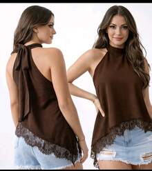 Women's Asymmetrical High Neck Blouse With Elegant Casual Lace 2026 Summer - Rỉ Nâu - Xem 2