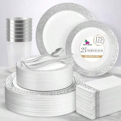 Vajilla Elegante Reutilizable Color Plata 175 piezas: 50 Platos con Diseño en la Orilla Color Plateada 25 cucharas 25 tenedores 25 cuchillos 25 vasos 25 servilletas 25 invitados