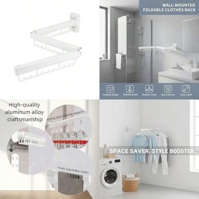 Estante de secado de ropa montado en la pared plegable y retráctil estante de ropa para colgar en interiores y exteriores para lavandería balcón recámara baño blanco