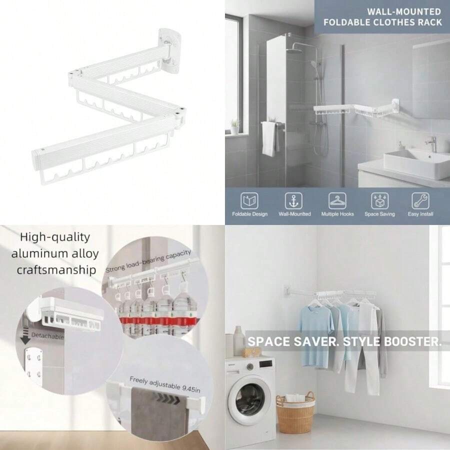 Estante de secado de ropa montado en la pared plegable y retráctil estante de ropa para colgar en interiores y exteriores para lavandería balcón recámara baño blanco - Blanco - Ver 1