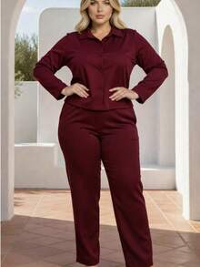 Women's Plus Size Set - Elegant Shirt And Pants - 酒紅色 - 查看 1