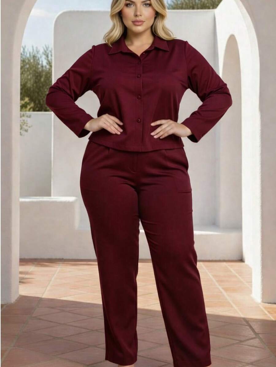 Women's Plus Size Set - Elegant Shirt And Pants - 酒紅色 - 查看 1