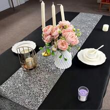 银色桌旗，中心饰有闪光装饰，尺寸：28厘米*275厘米/500厘米/1000厘米（11英寸*108英寸/196英寸/394英寸），银色桌饰，适用于婚礼、派对、生日、新娘送礼会、圣诞节等场合。 - 銀色 - 查看 9