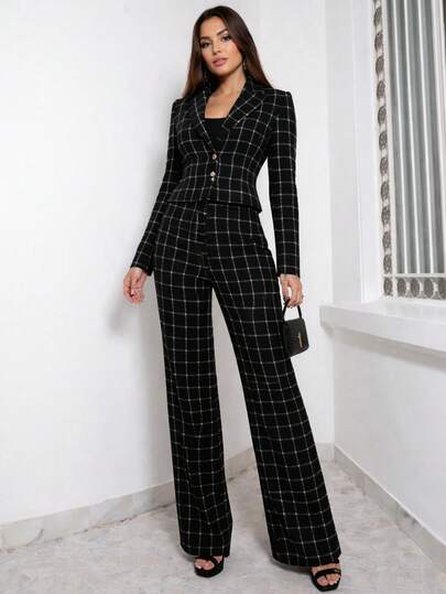 Conjunto Feminino Calça Cintura Alta  Xadrez e Blazer Curto Manga Longa Com Botões Outono Inverno Moda Social Mocha Mousse REF: Simone