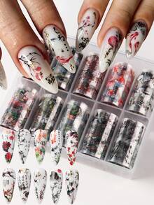 FULL BEAUTY 10 cuộn giấy dán móng tay phong cách tranh thủy mặc Trung Quốc, họa tiết tre, hạc, cá vàng, hoa mai, sen, tự làm đồ trang trí móng tay. - Nhiều màu - Xem 12