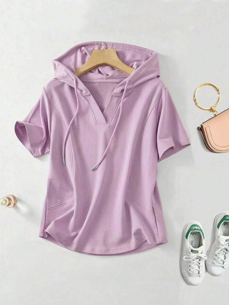 Women's Casual Hooded Short Sleeve T-Shirt, V Neck Drawstring Loose Blouse With Pockets - Lilac Purple - View 1