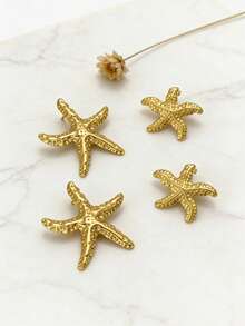 4pcs Fashionable Starfish & Shell Earrings Set, Suitable For Summer Travel And Festivals. Retro Style Gold-Tone Starfish Earrings, Stainless Steel Minimalist Chic Earrings, Personalized Jewelry Gift For Ladies, Jewelry Store - Multicolor - View 2