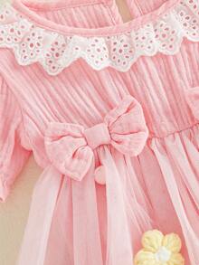 Baby Girl Summer Outfits Decorative Flower Bow Mesh Crew Neck Short Sleeve Romper Dress And Bow Headband 2 Pcs Set - 粉色 - 查看 9