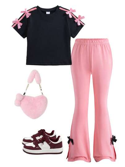 女童休闲纯色蝴蝶结装饰短袖上衣和喇叭形蝴蝶结装饰裤套装，夏季