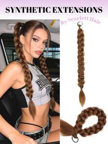 Synthetic Long Twist Braid Ponytail Extensions With Rubber Band 24 Inch Boxing Braided Hair Extensions For Women Daily Use,Braided Long Ponytail Extensions With Elastic Band Hair Black Brown Blonde Braids Pony Tail Hair,Girls Daily, Music Festival - Multicolor - View 2