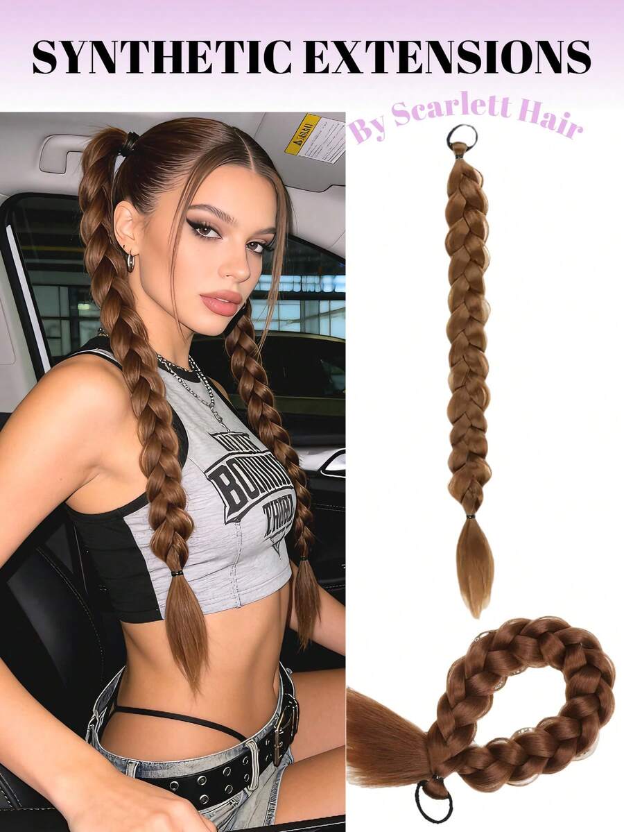 Synthetic Long Twist Braid Ponytail Extensions With Rubber Band 24 Inch Boxing Braided Hair Extensions For Women Daily Use,Braided Long Ponytail Extensions With Elastic Band Hair Black Brown Blonde Braids Pony Tail Hair,Girls Daily, Music Festival