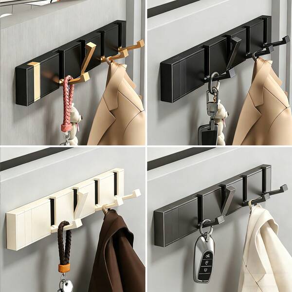 1PC Heavy-Duty Foldable Dark Gray Aluminum Hook Rack-3/4/5/6/7/8 Hooks Options,Wide & Thick Hooks For Heavy Loads,75° Upward Tilt Design Prevents Clothes And Items From Slipping,Multi-Scene Hook Rack: Bathroom (Towels/Clothes) | Entryway (Keys/Sundries) | Door Back (Clothes Hanger) | Bedroom (Storage Rack) | Kitchen (Rags/Utensils),2 Installation Methods: Drill-Free With Adhesive, Or Drilling With Screws