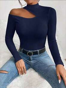 Women's T-Shirt Blouse Suplex Fabric Long Sleeve High Neck Asymmetrical Cut Ideal For Meetings And Casual Use - 藏蓝色 - 查看 8