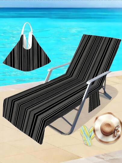 1 chiếc khăn phủ ghế bãi biển kẻ sọc kiểu cổ điển, chất liệu siêu sợi, nhanh khô, phù hợp với ghế hồ bơi, khăn phủ ghế bãi biển có túi, phụ kiện du lịch thiết yếu.