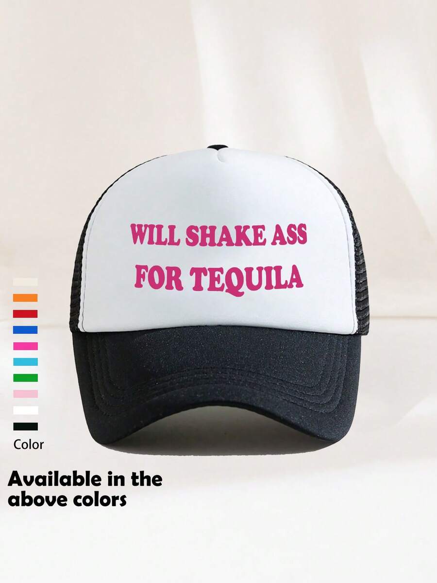 A Printed "WILL SHAKE FOR TEQUILA" Decorative Funny Sponge Mesh Hat Trucker Hat Baseball Cap Sun Hat Dad Hat, Suitable For Daily Use, Travel, Hiking, Mountain Climbing, Beach Vacation,Summer,Holiday - Multicolor - View 1