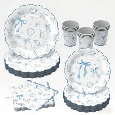16件套全新海洋贝壳蝴蝶结装饰派对用品，夏季一次性纸盘、纸杯、餐巾纸和餐具套装，适合多人用餐