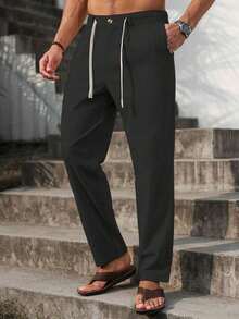 VENTUSAIL Men Solid Drawstring Waist Pants Tapered Long Slacks Linen Cool Plain Going Out, Fall Beige Pants For Men Men Drawstring Pants Men Linen Pants Cream Pants Men,Weekend Trips, Outdoor Activities, Travel Expeditions, Relaxed Work Environments Or Semi-Formal Occasions, Boyfriend/Husband Gift, Anniversary /Birthday Gift Party Summer Vacation Holiday New Years Wedding Valentine's Day, Cream Joggers Men,Khaki Pants, Beach Cruise Vacation, Bohemian Hawaiian Vacation - 黑色 - 查看 6