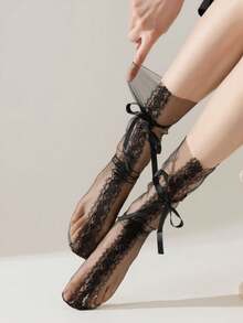 1 Pair White/Black Thin Glass Silk Mesh Socks With Lace Bow Tie, Suitable For Spring/Summer - Multicolor - View 2