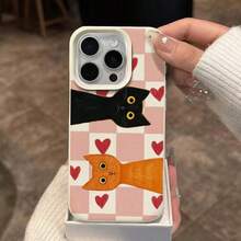 1 pieza Funda de teléfono de material TPU con diseño lindo de gato rosa a cuadros y corazones, adecuada para Apple 17 Pro Max/17/16 Pro Max/15/13/12/11, S20 FE/A15/S24/A55, Note 11/Note 12/Note 13 Pro, con cobertura completa y protección suave anti-caídas - Blanco - Ver 3