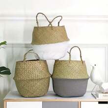 1pc Nordic Style Woven Storage Basket, Large Planter, Foldable Rattan Basket With Handle - A - View 1
