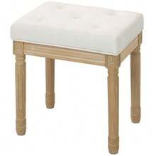 Linen Upholstered Stool, Footrest With Padded Seat, Wooden Stool Legs, 42 X 32 X 46.5 Cm, Beige - Beige - View 4
