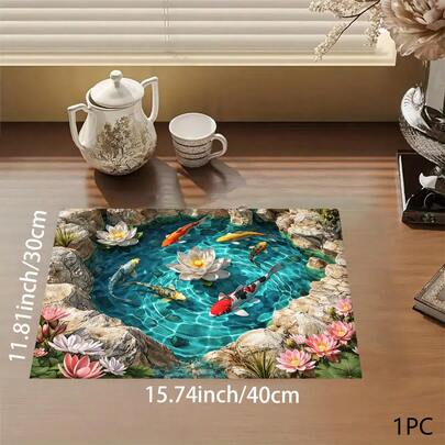 1pc 2D Carp & Floral Print Absorbent Mat/Drying Mat For Coffee Maker, Dishes - Polyester Absorbent Desktop Protective Mat With Rubber Anti-Slip Pad, For Kitchen Counter Decor, Home Bar And Dining Table