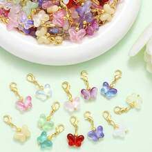 5/10pcs Gold Butterfly Glass & Alloy Pendant With Lobster Clasp, Suitable For Crafts, DIY Keychain, Key Fob Accessories - متعدد الألوان - مشاهدة 3