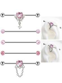 Pink Heart Crystal Industrial Barbell Earrings, Y2K Style Cute Dangle Chain Cartilage Earrings - Multicolor - View 1