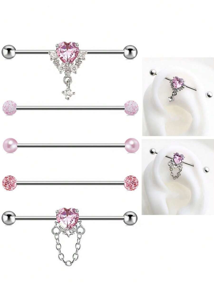Pink Heart Crystal Industrial Barbell Earrings, Y2K Style Cute Dangle Chain Cartilage Earrings - Multicolor - View 1
