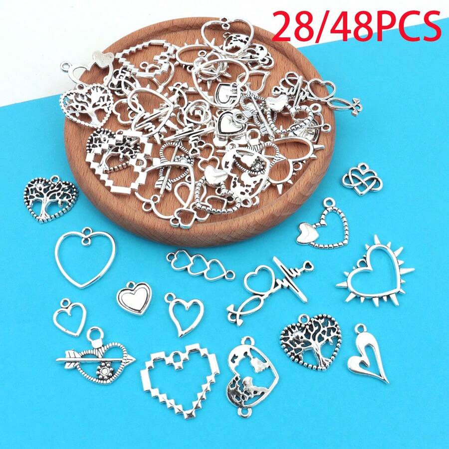 28/48 chiếc mặt dây chuyền hình trái tim ngẫu nhiên, quà tặng Ngày của Mẹ, mặt dây chuyền hình trái tim bằng hợp kim kẽm mạ bạc cổ điển, bền chắc và thời trang, thích hợp để tự làm vòng cổ, vòng tay và trang sức. - A5666 - Xem 1