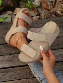 Plus Size Women Casual Comfortable Thick Sole Hook And Loop Sandals, Leisure Open Toe Beach Resort Wedge Sandals, Non-Slip Beach Shoes - Khaki - View 7