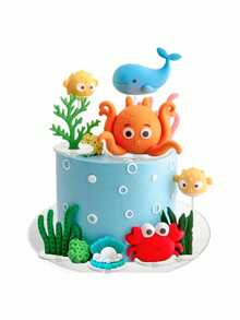 1套或1件海洋主題蛋糕裝飾，包含章魚、螃蟹、海藻、珊瑚、海星等，海洋海底主題生日蛋糕裝飾、洗禮、性別揭曉派對蛋糕裝飾（請搭配托盤與白色支架使用） - 彩色 - 查看 4