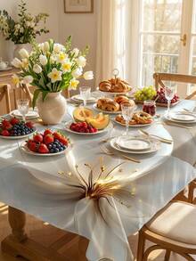 1 Pieza Mantel redondo con efecto de flor 3D y luz en oro blanco, mantel de mesa de lujo y romántico estilo francés de país, de poliéster resistente a las manchas y al agua, con borde festoneado, a prueba de aceite y polvo, lavable y reutilizable, ideal para cenas de aniversario, celebraciones del Día de San Valentín, reuniones íntimas, suministro esencial para la cocina y el hogar - Multicolor - Ver 10