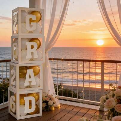 13Pcs Graduation Party Decorations 2026 - White Balloon Boxes With Letters G R A D & 2026, Transparent Graduation Balloon Blocks With Letters, DIY Balloon Boxes For Class Of 2026 Graduation Party, High School College Graduation Supplies, Gold White Graduation Photo Booth Props For Indoor Outdoor Decor