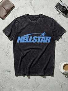 Blue Shooting Star Logo Graphic Tee Unisex Couple Matching Boyfriend Style Hell Star Double Sided Print Electric Color Y2K Aesthetic Acid Washed Cotton Graphic Tees Men Oversized T Shirt Summer Fits Camisetas Para Hombre,Mens Clothes,Graphic Tee,Summer Clothes,Summer Tops,Easter Fits,Spring Clothes ,Shirtssummer Outfits For Women O0LT - 黑色 3 - 查看 2