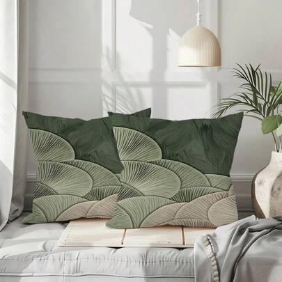 Bộ 2 vỏ gối in họa tiết xếp lớp màu xanh lá cây tối giản, có thể giặt máy, có khóa kéo, thiết kế in trang trí, phù hợp cho trang trí nhà cửa và văn phòng (Không bao gồm ruột gối) (Không thêu)