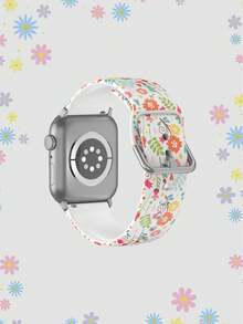 Green Leaf & Orange Floral Pattern Silicone Watch Band Compatible With Apple Watch 38mm 40mm 41mm 42mm 44mm 45mm 49mm, Fits Series Ultra/SE/8/7/6/5/4/3/2/1 - Multicolor - View 2