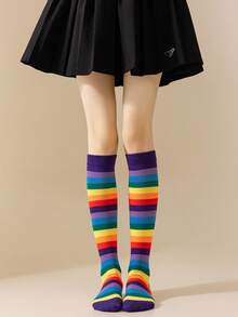 1/3/5 pares/paquete de calcetines de pantorrilla para mujer de colores arcoíris, transpirables y que absorben la humedad, adecuados para usar en primavera y otoño, perfectos para fiestas y reuniones sencillas, e ideales para combinar con atuendos festivos. - Multicolor - Ver 5