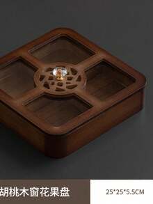 1pc Wooden Tray With Dust Cover, Divided Storage Round Service Platter, Cafe Dessert Tray, Storage Dish, Cake And Snack Plate - Multicolor - View 9