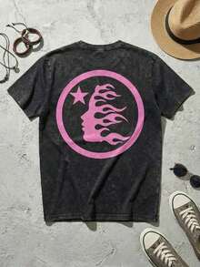 Blue Shooting Star Logo Graphic Tee Unisex Couple Matching Boyfriend Style Hell Star Double Sided Print Electric Color Y2K Aesthetic Acid Washed Cotton Graphic Tees Men Oversized T Shirt Summer Fits Camisetas Para Hombre,Mens Clothes,Graphic Tee,Summer Clothes,Summer Tops,Easter Fits,Spring Clothes ,Shirtssummer Outfits For Women O0LT - 黑色 5 - 查看 5